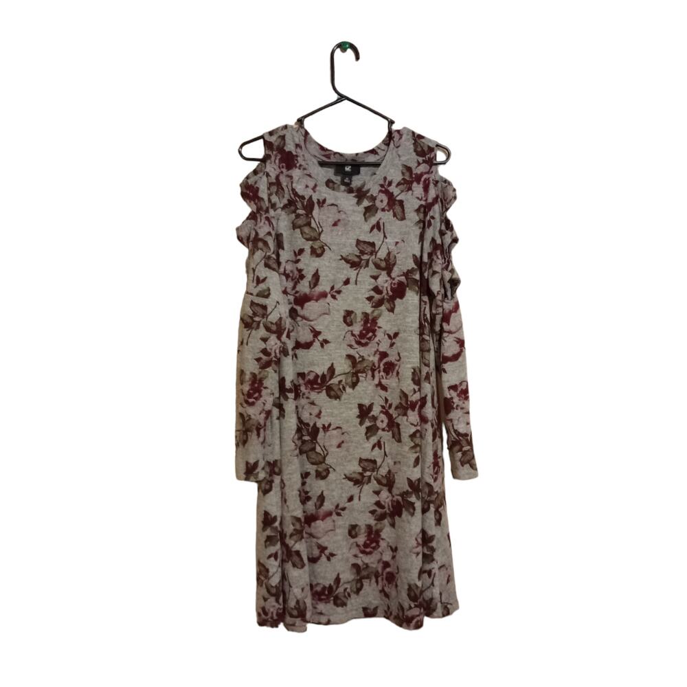 Iz Byer Long Sleeve Open Shoulder Sweater Floral Dress Size 1X Gray 34" Long